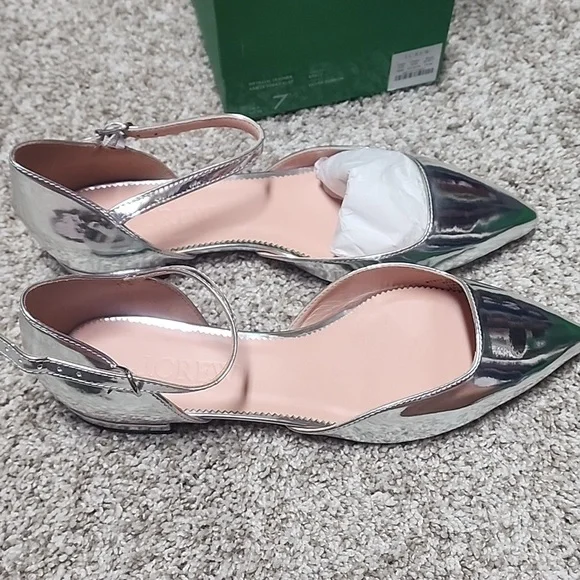 NwT J. Crew Silver Mirror Ankle Strap Flats - Picture 3 of 5